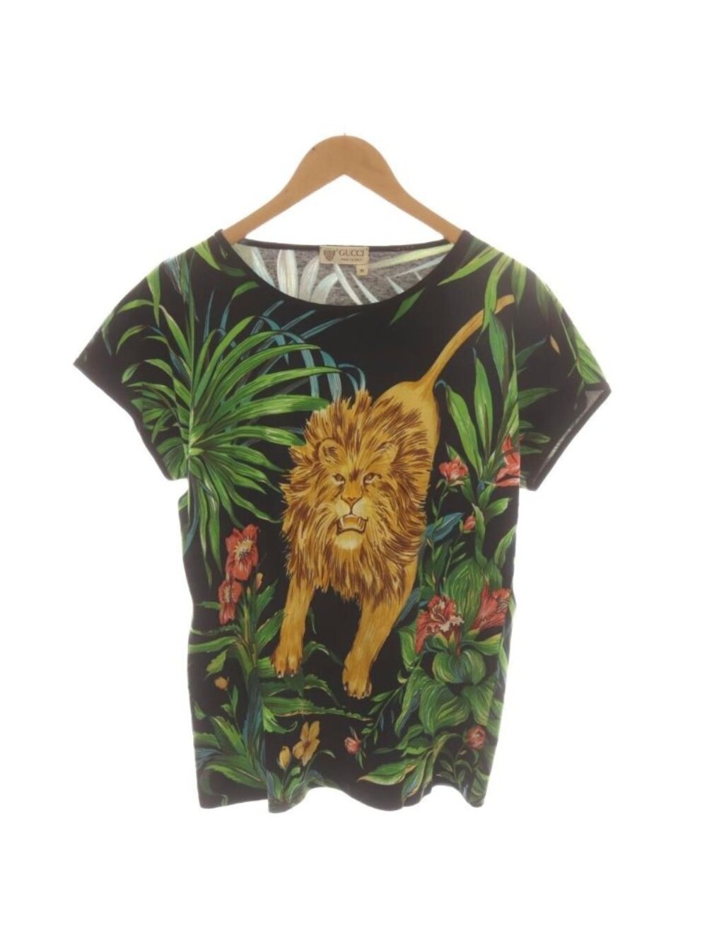 Gucci T-Shirt Short Sleeve Black Green Lion Print Botanical Pattern